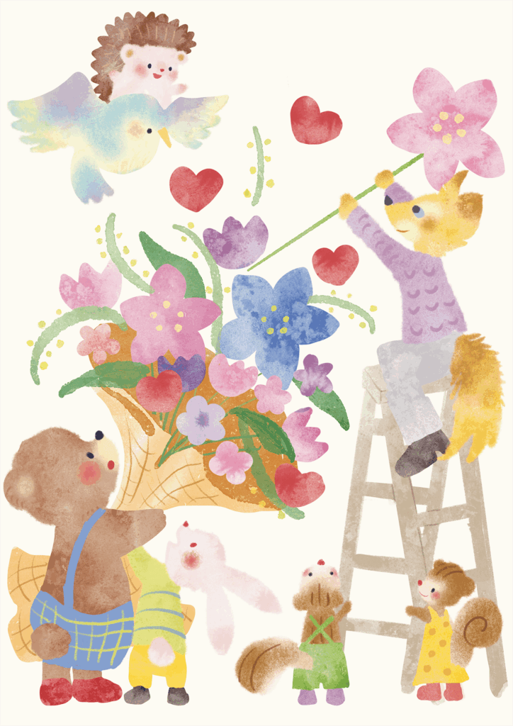 大きな花束を作る動物たちのイラスト