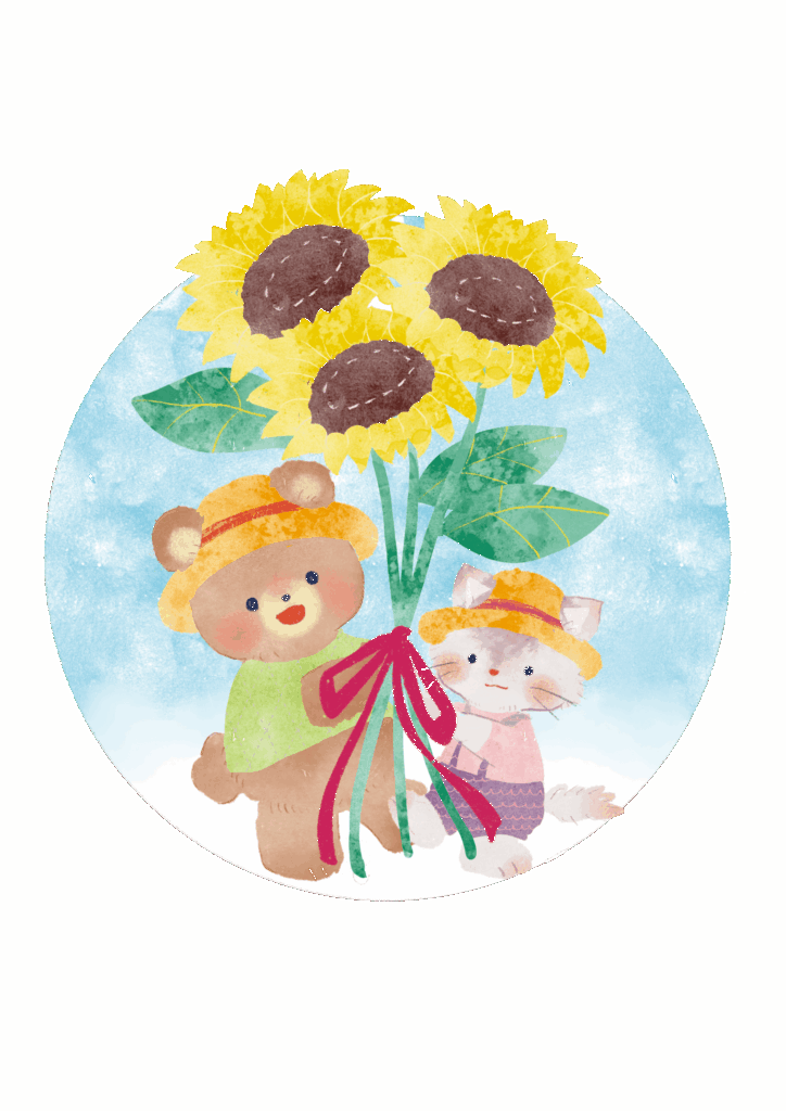 クマと猫とひまわりのイラスト