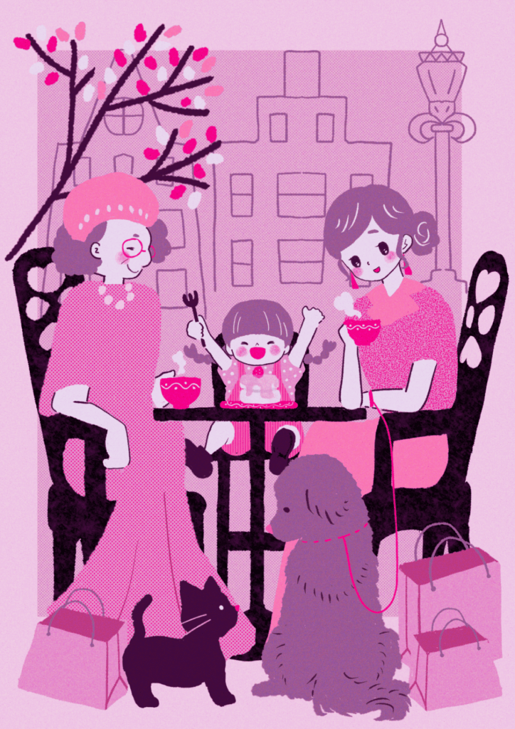 カフェで三世代で女子会のイラスト