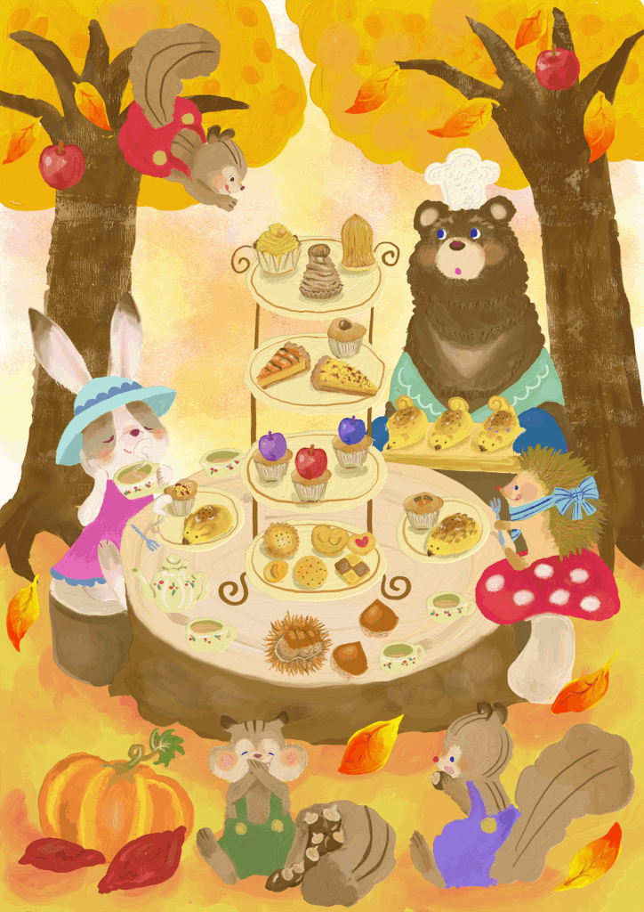秋のティーパーティをする動物たちのイラスト