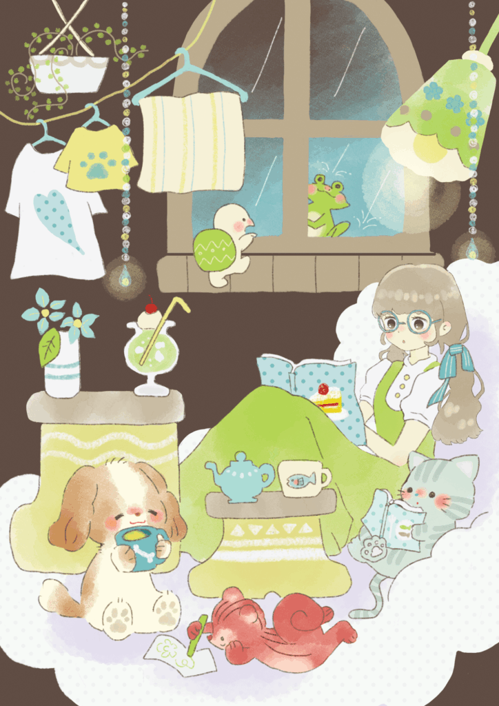 雨の日に家で過ごす女の子と動物たちのイラスト