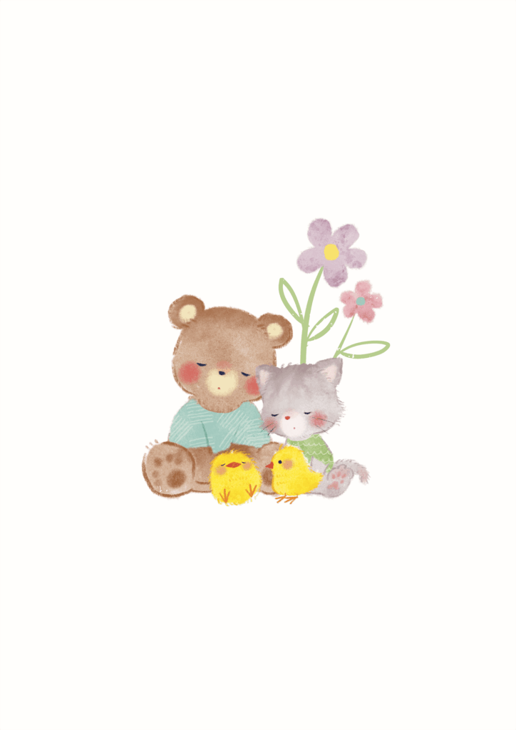 寝ているクマと猫とヒヨコたちのイラスト