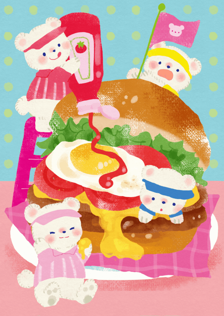 ハンバーガーを作るしろくまたちのイラスト