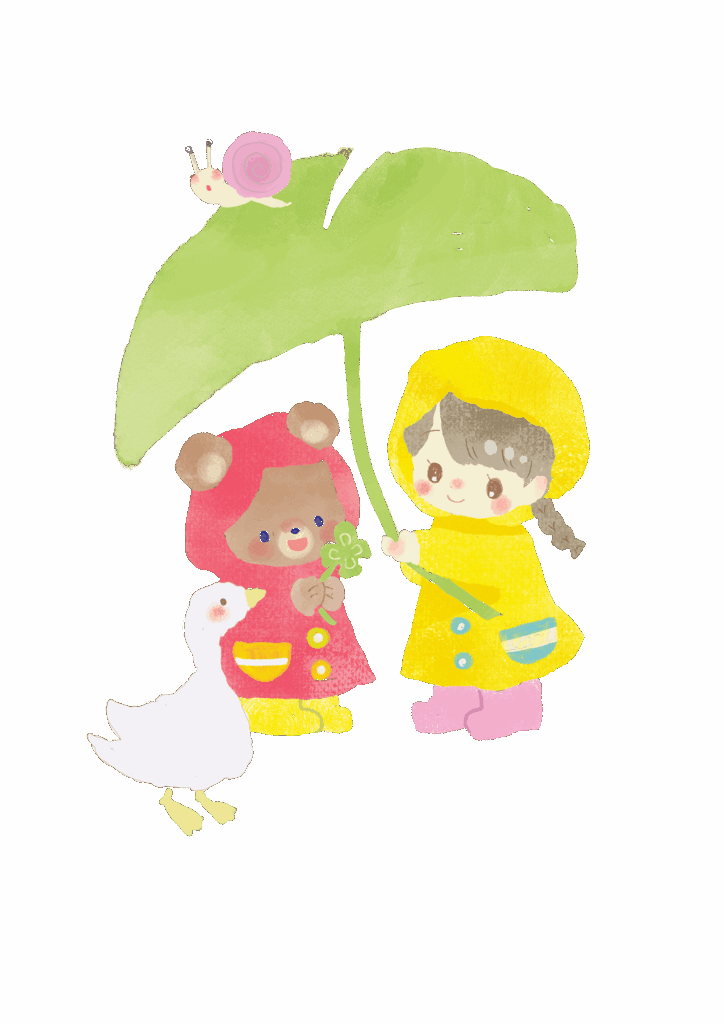 四葉のクローバを見つけたクマと女の子のイラスト