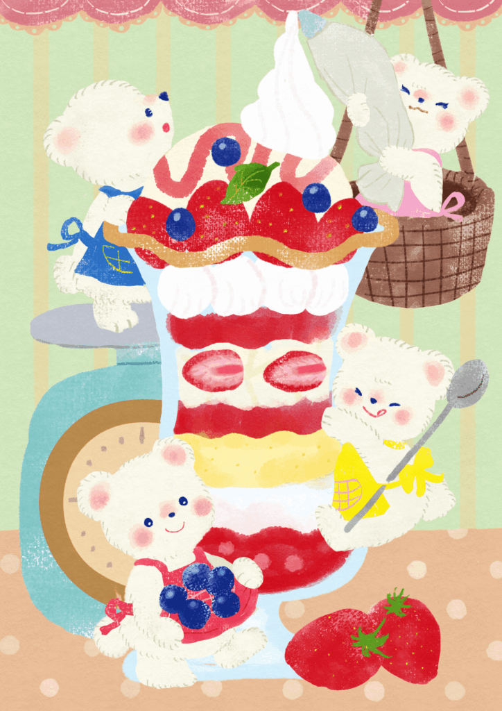 パフェを作るシロクマたちのイラスト