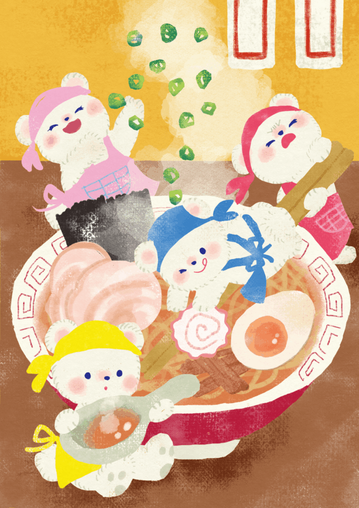 ラーメンを作る白熊たちのイラスト