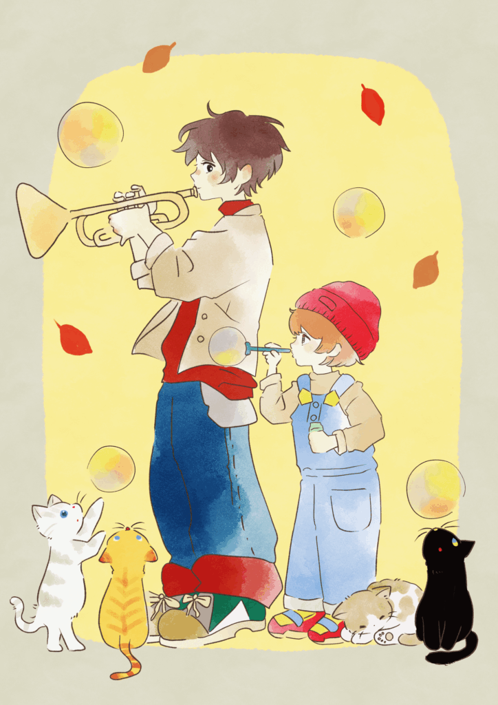 シャボン玉をふく男の子とトランペットをふく男の子のイラスト