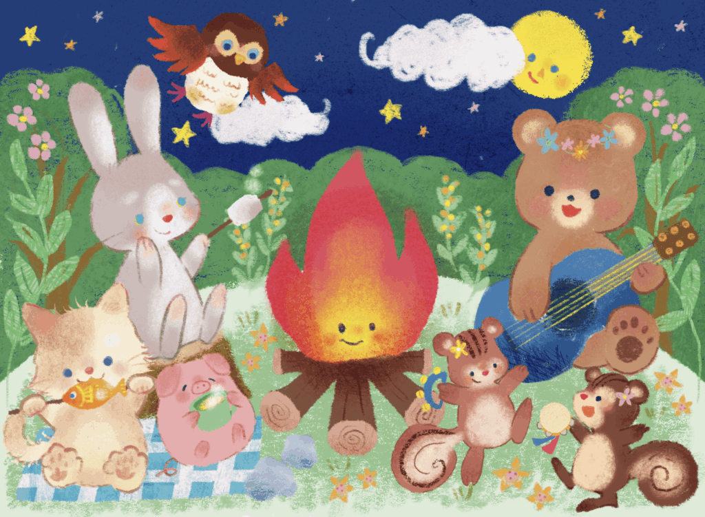 キャンプファイヤーを囲む動物たちのイラスト
