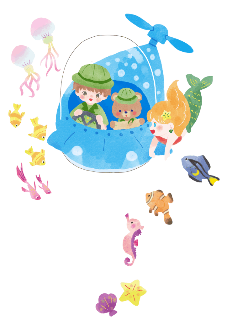 潜水艦と人魚が泳いでいるカットイラスト