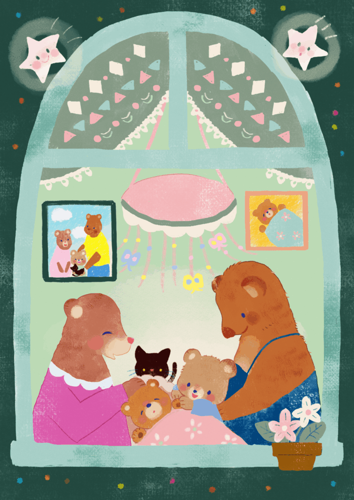 赤ちゃんの誕生を喜ぶクマの家族のイラスト
