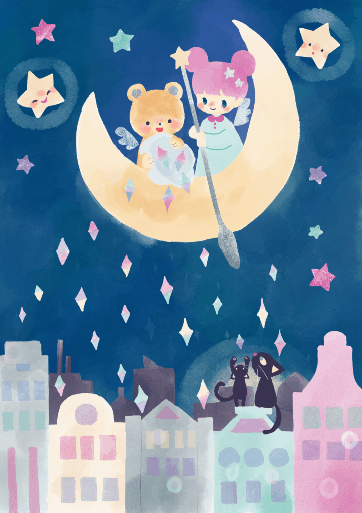 月に乗って夜空を飛ぶ女の子とクマのイラスト