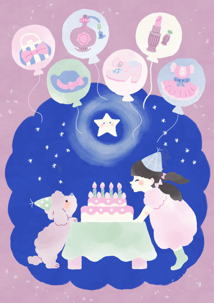 誕生日のケーキのろうそくを吹き消すときに願い事をする女の子のイラスト