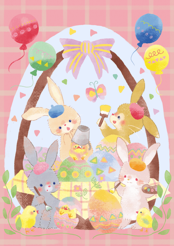 イースターのウサギとひよこのイラスト