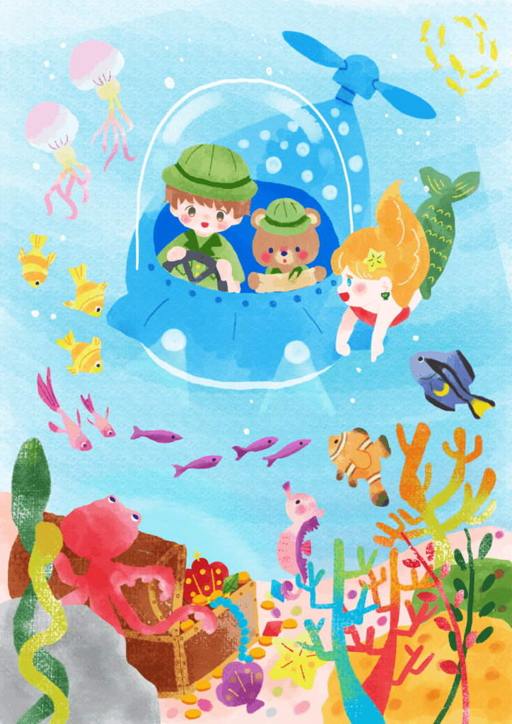 海中探検をする男の子とくまのイラスト