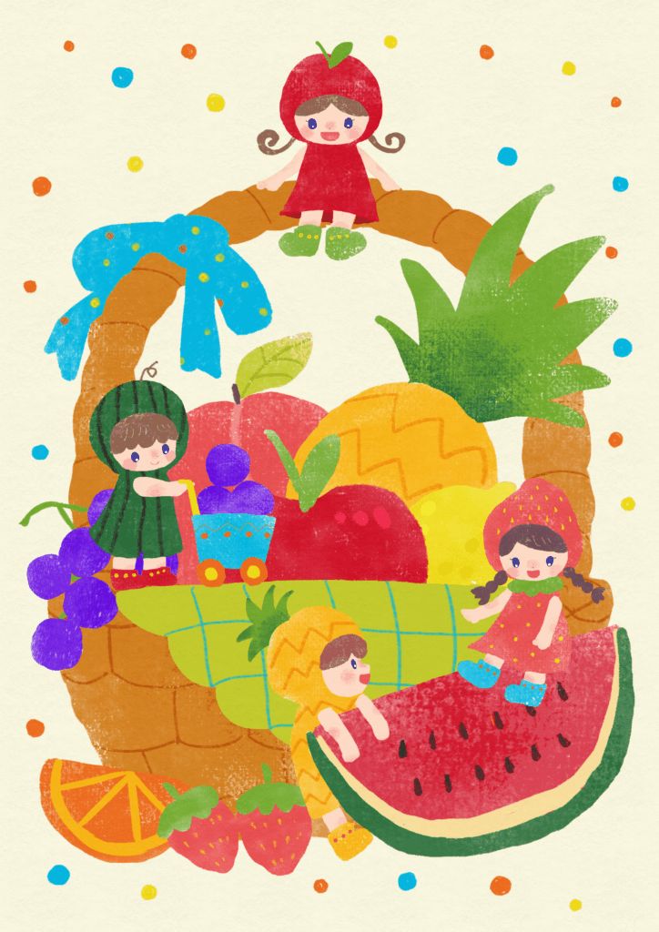 果物と小人たちのイラスト