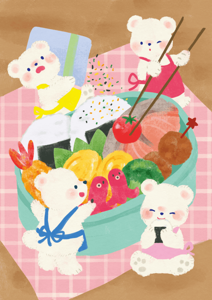 お弁当を作っているシロクマたちのイラスト