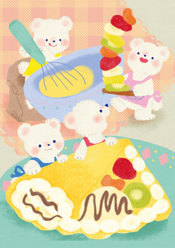 クレープを作るシロクマたちのイラスト