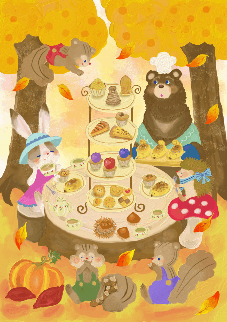 秋のティーパーティをする動物たちのイラスト
