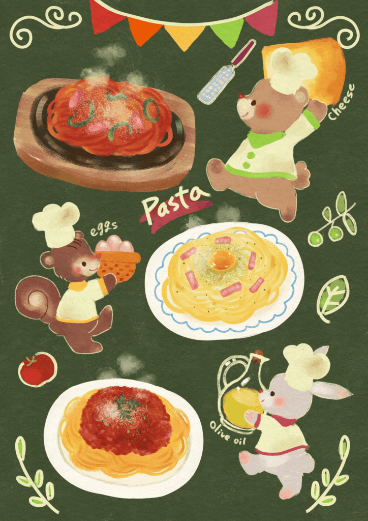 動物のコックさんとパスタのイラスト