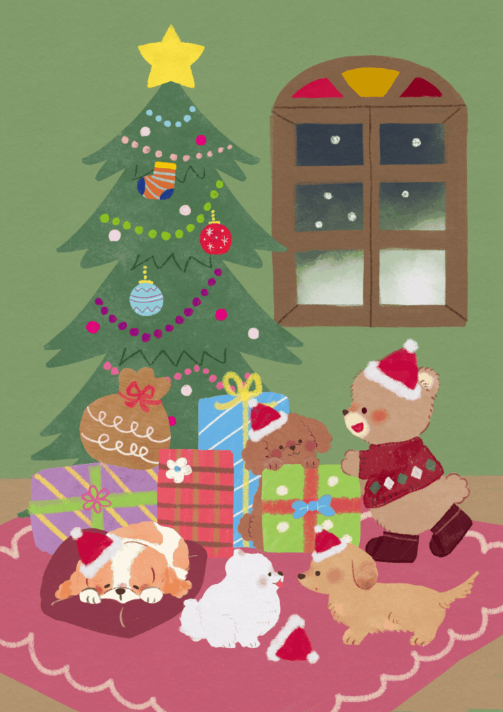 クリスマスツリーとたくさんの犬のイラスト